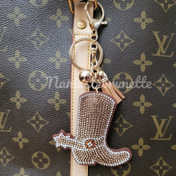 Western Boot Crystal Rhinestone Keychain Bag Charm With Tan Tassel - Picture 2 of 16